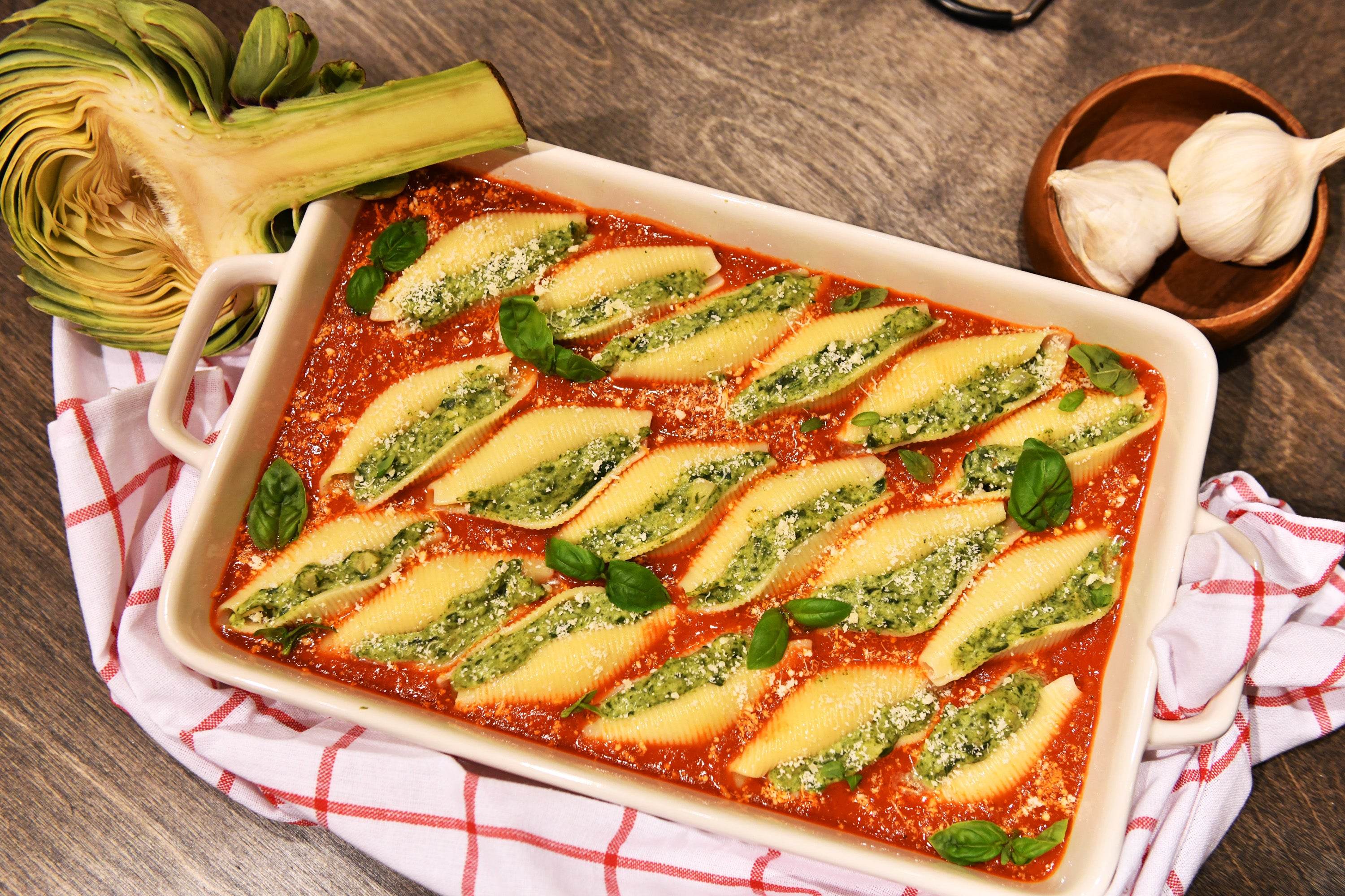 Spinach Ricotta Stuffed Shells with Basil Vodka Sauce