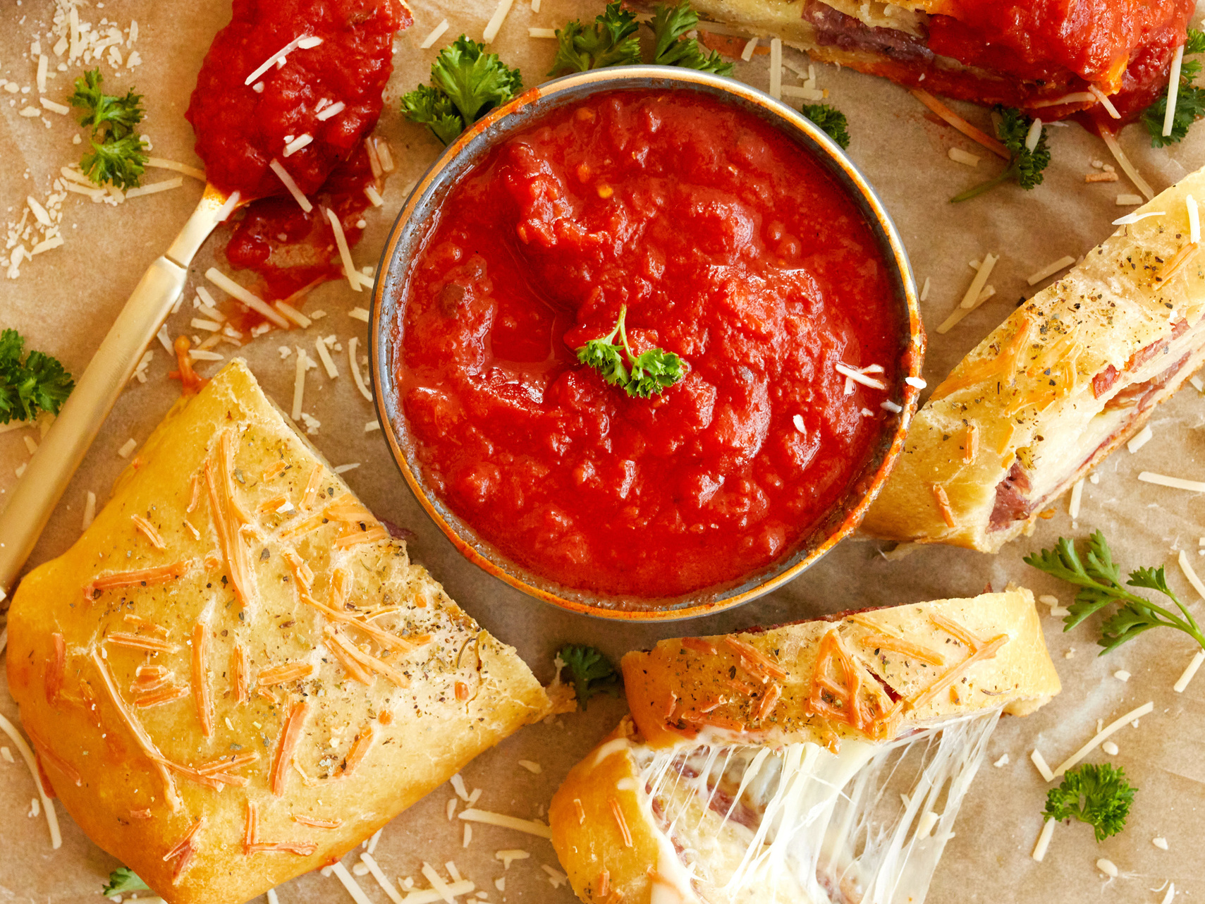 Classic Italian stromboli with melted cheese