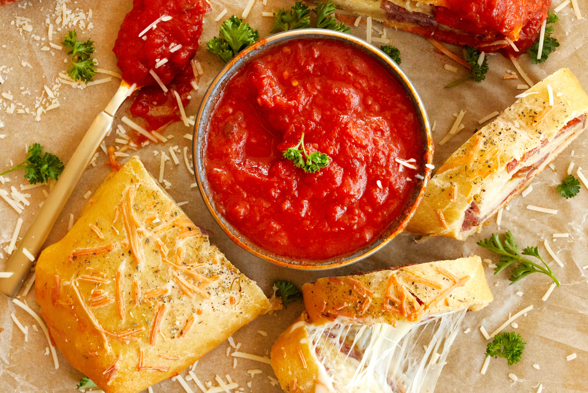 Classic Italian stromboli with melted cheese