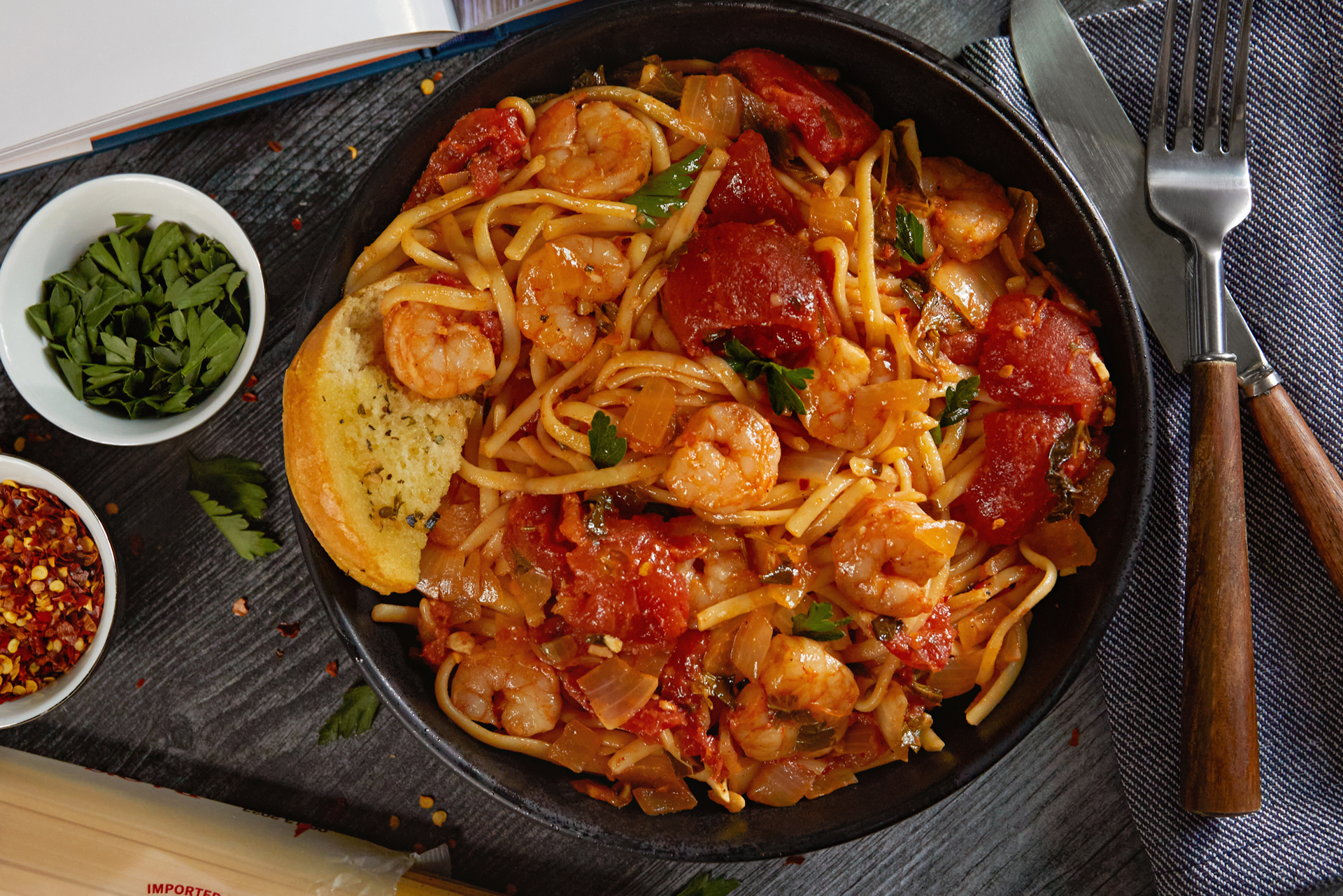 Shrimp linguine fra diavolo with spicy tomato sauce