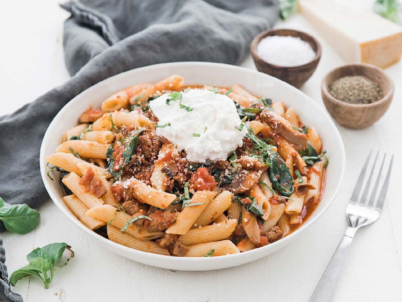 Sausage & Mushroom Pasta with Spinach & Burrata