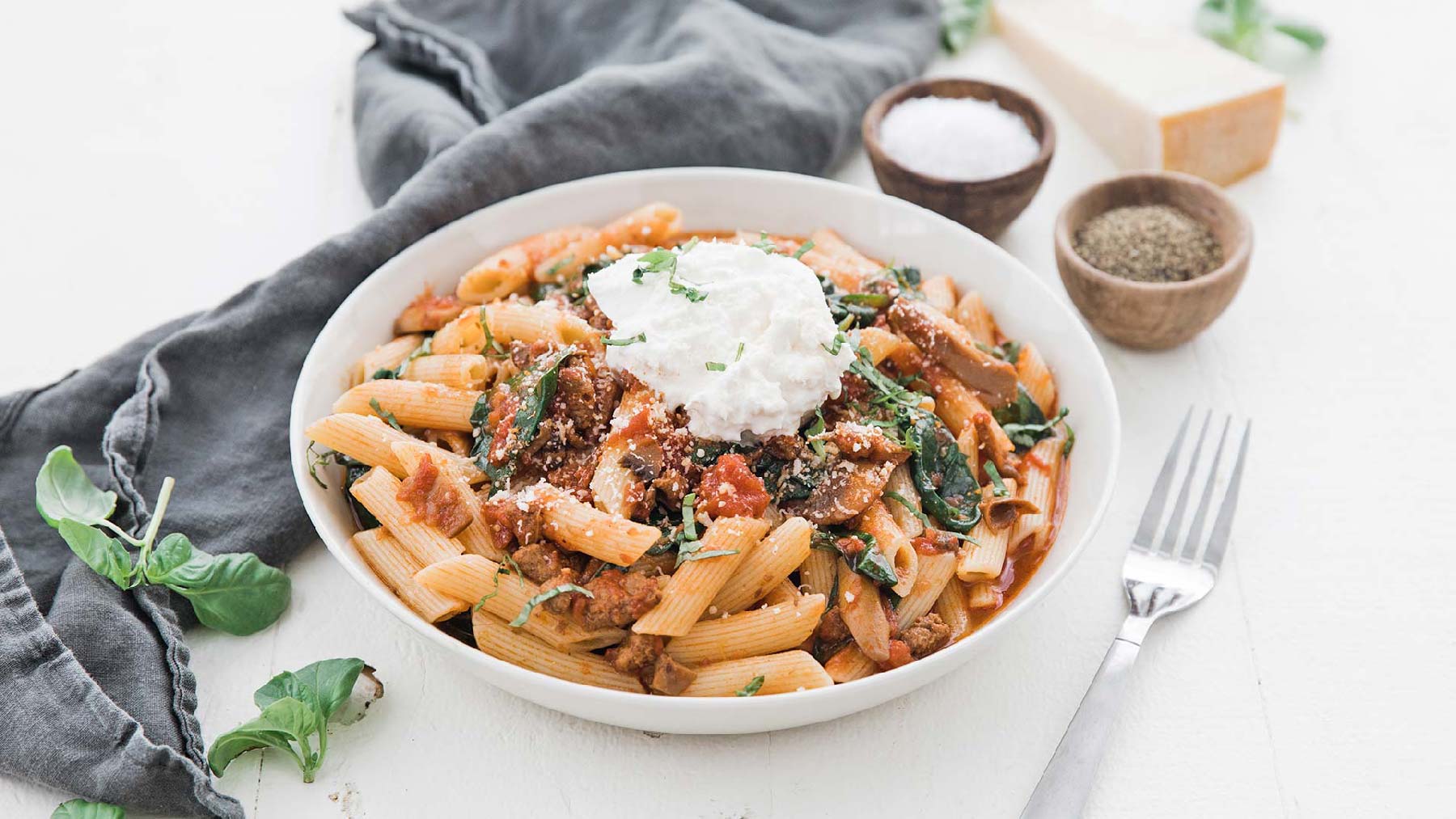 Sausage & Mushroom Pasta with Spinach & Burrata
