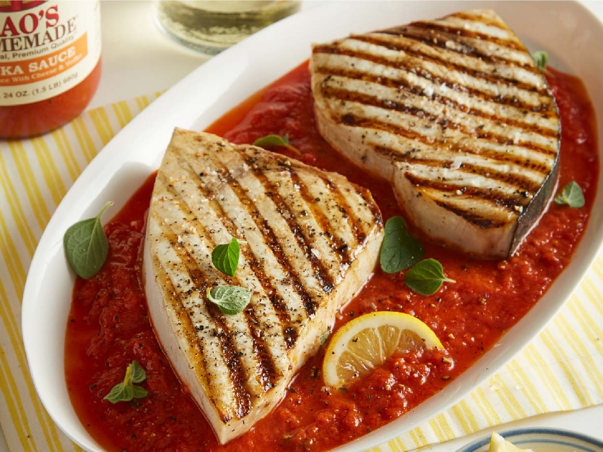 Swordfish topped with vodka sauce