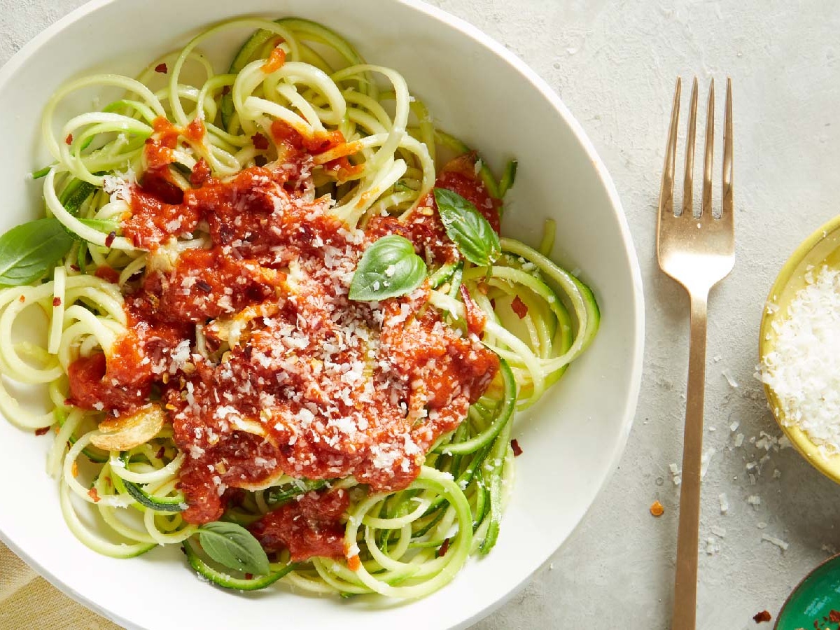 Zucchini noodles tossed with vodka sauce