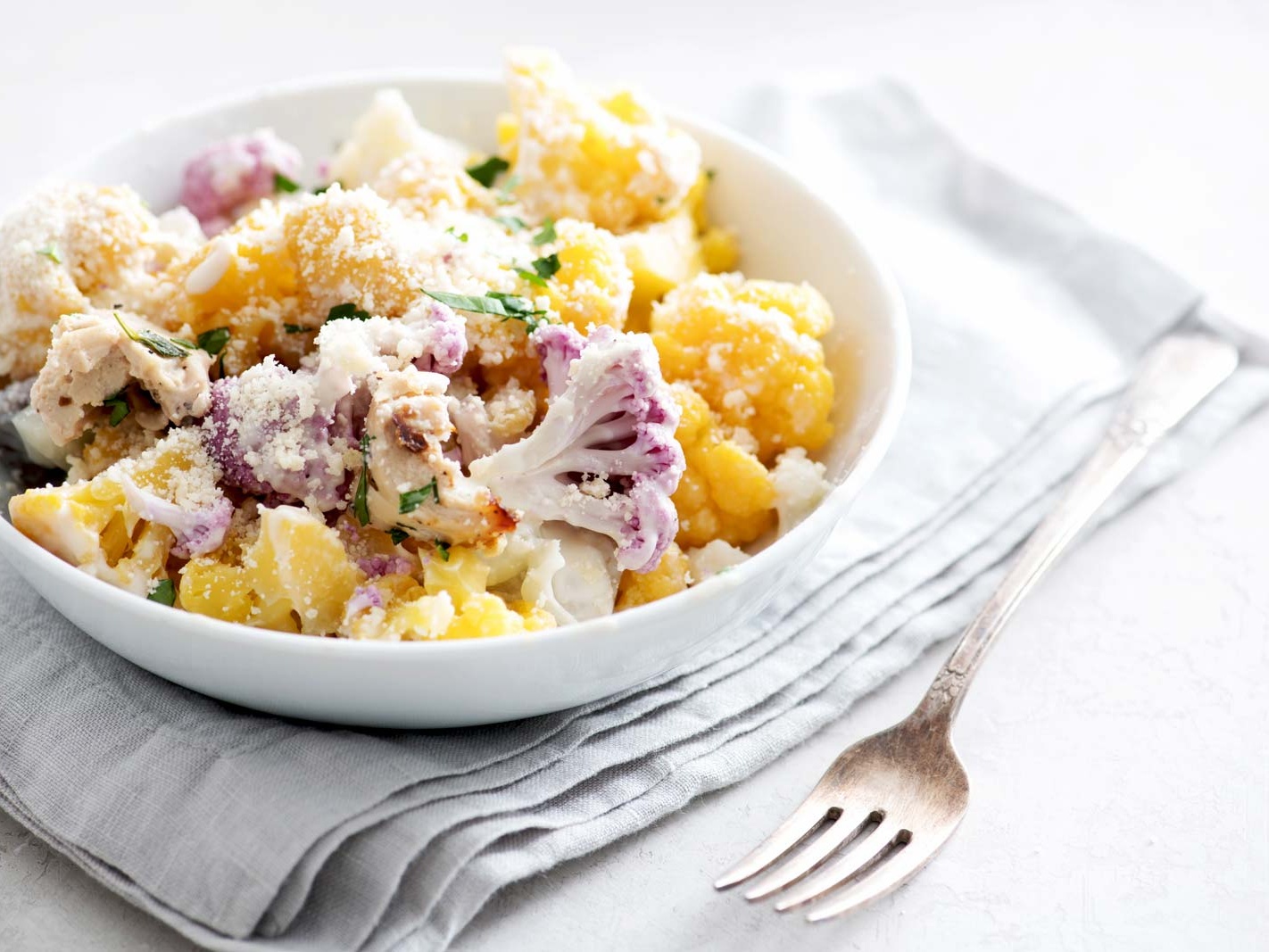 Baked cauliflower chicken Alfredo casserole
