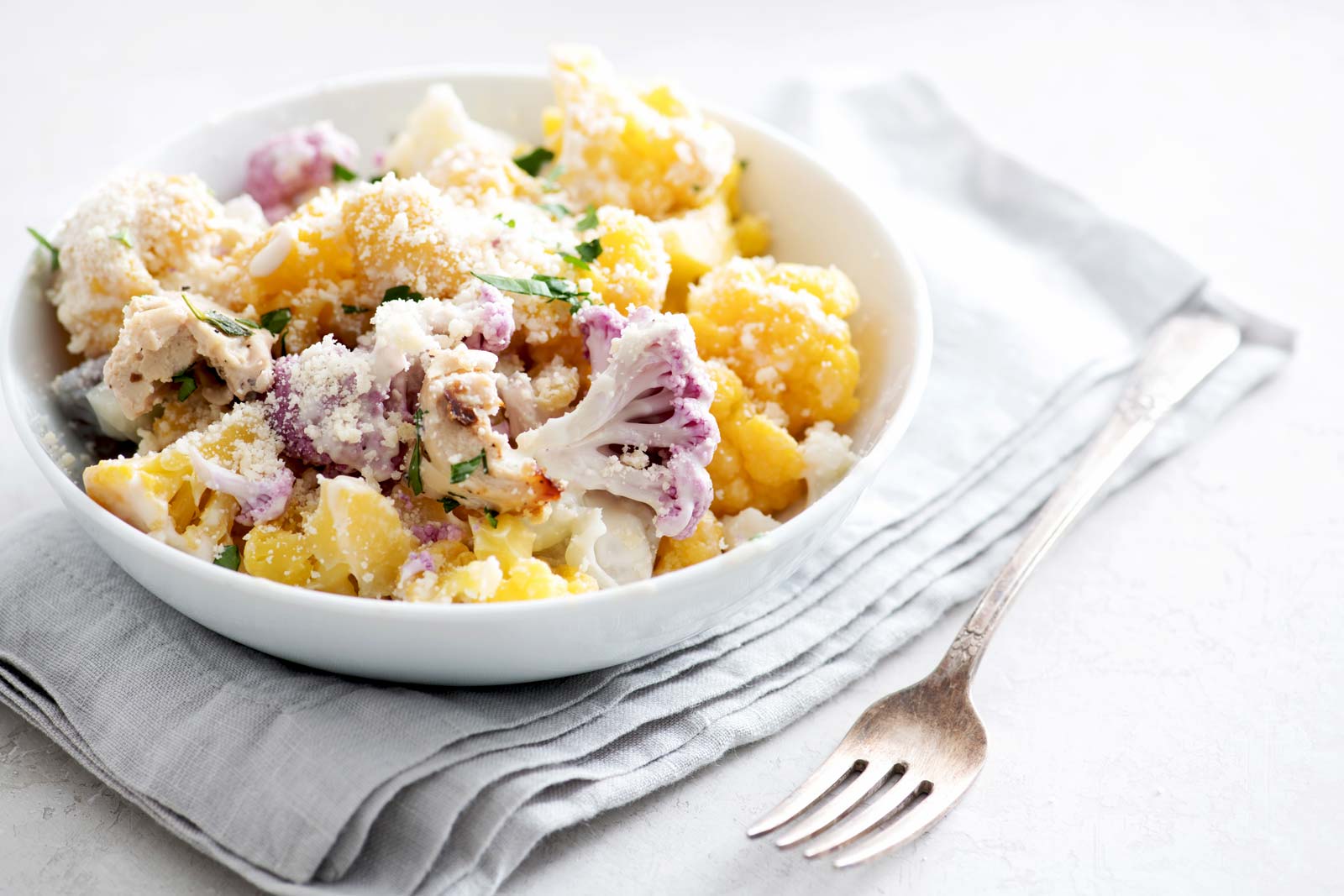 Baked cauliflower chicken Alfredo casserole