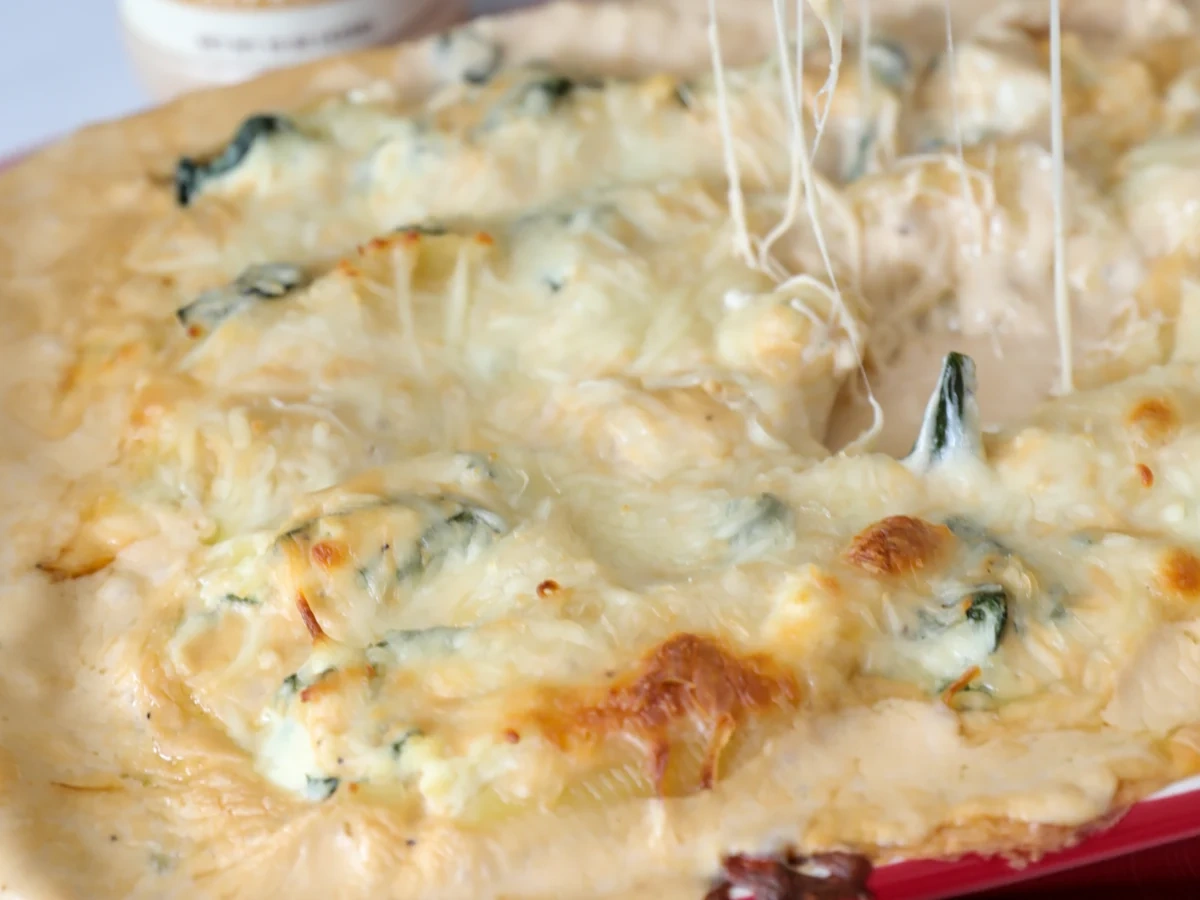 Chicken Alfredo stuffed shells with creamy sauce