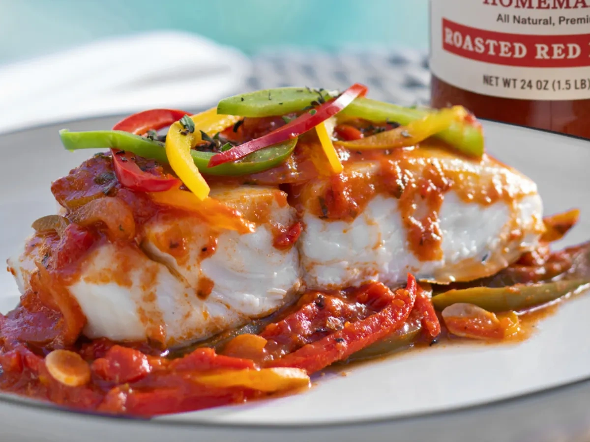 Halibut with roasted red pepper sauce