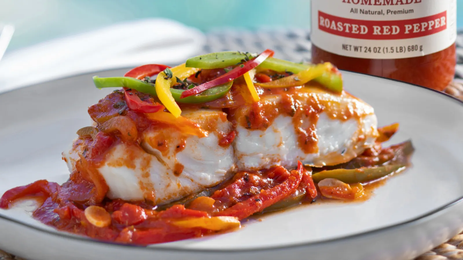 Halibut with roasted red pepper sauce