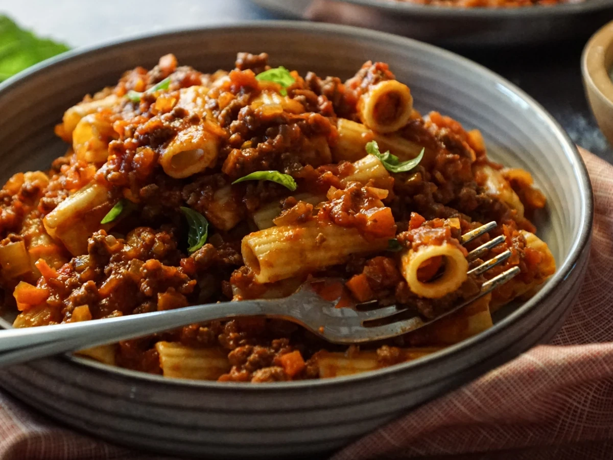Beef Bolognese with roasted red pepper sauce