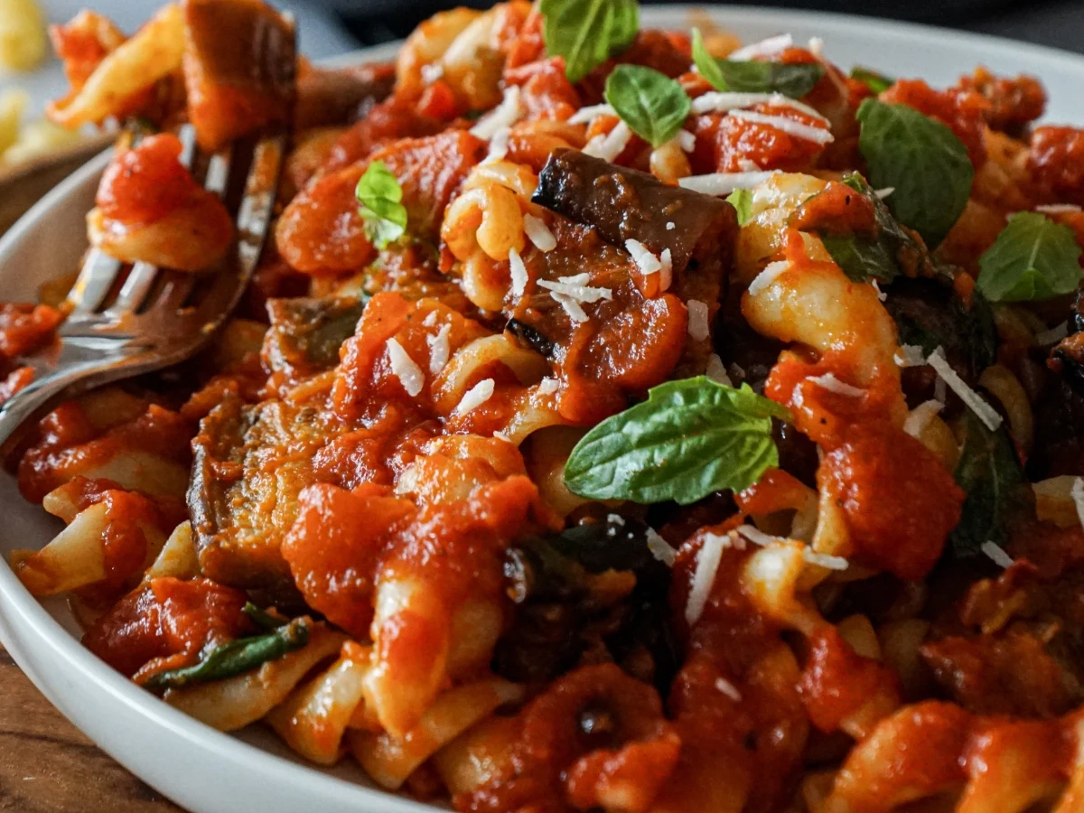 Sicilian eggplant pasta with fire grilled vegetables