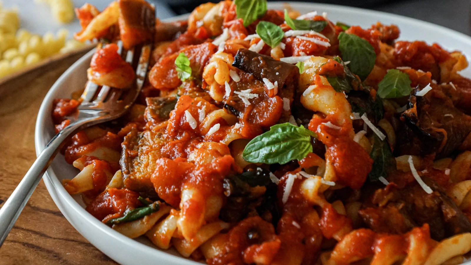 Sicilian eggplant pasta with fire grilled vegetables