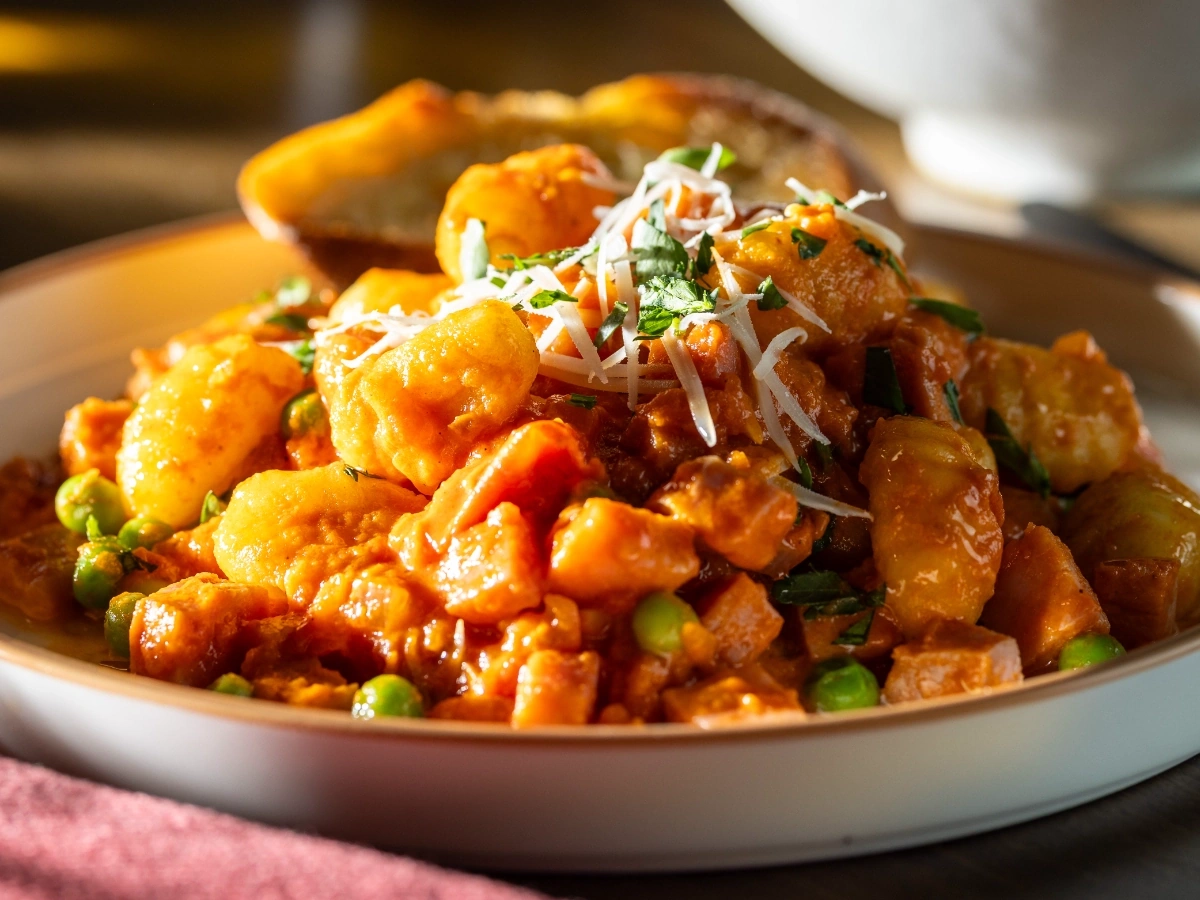Gnocchi with ham peas and creamy marinara mascarpone