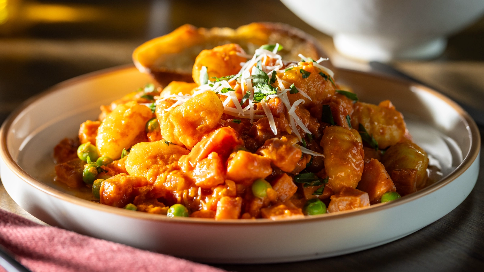 Gnocchi with ham peas and creamy marinara mascarpone