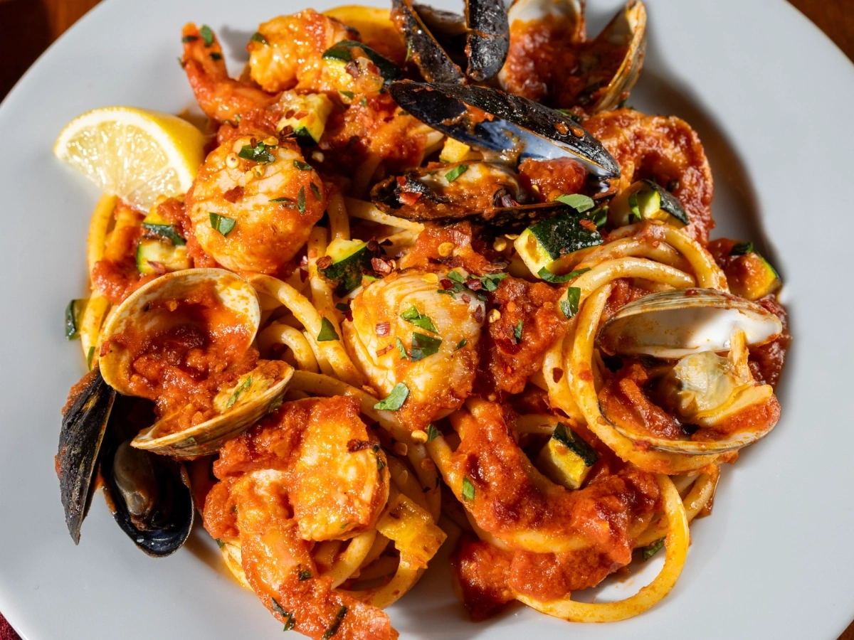 Seafood bucatini with lemon Parmesan sauce