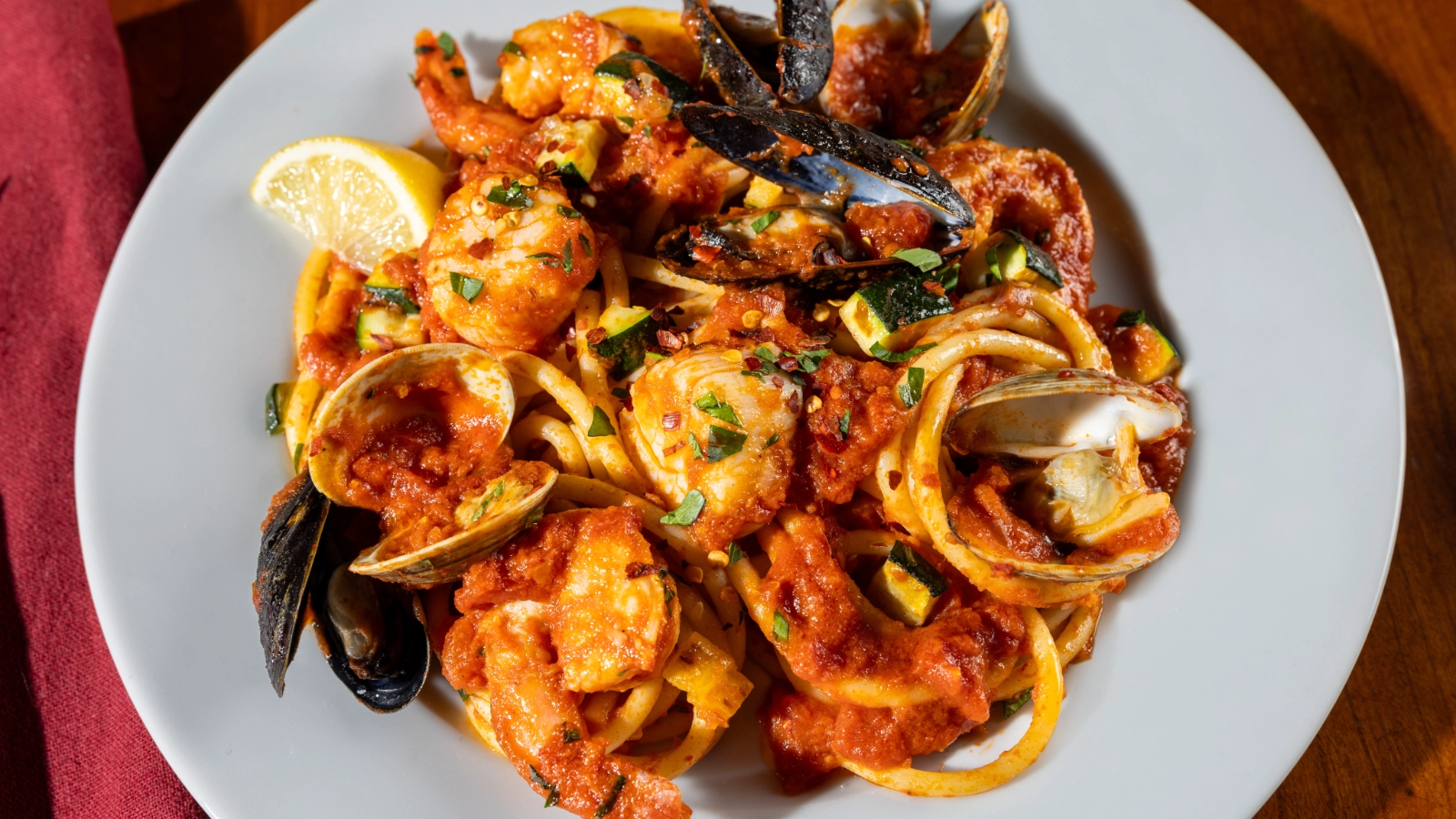 Seafood bucatini with lemon Parmesan sauce