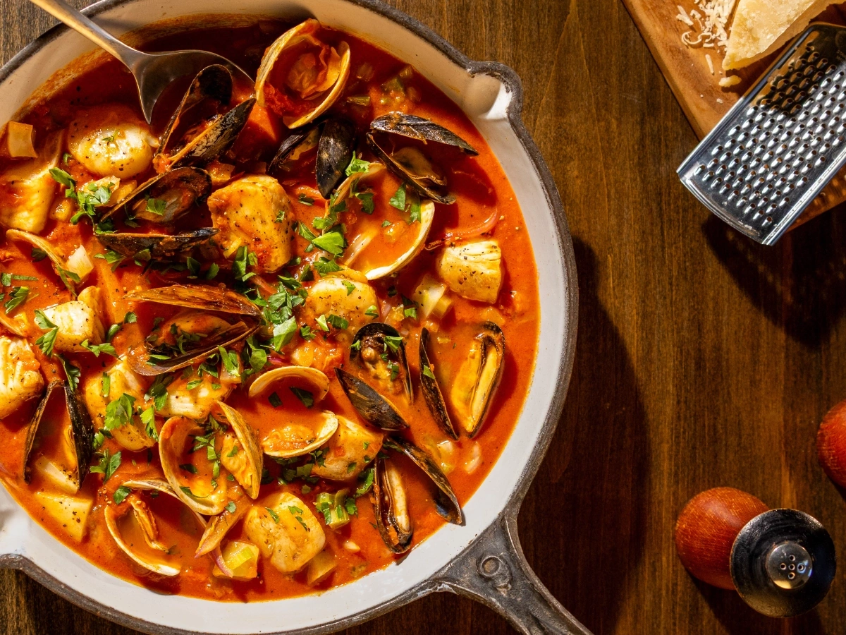 Seafood stew with lemon Parmesan sauce