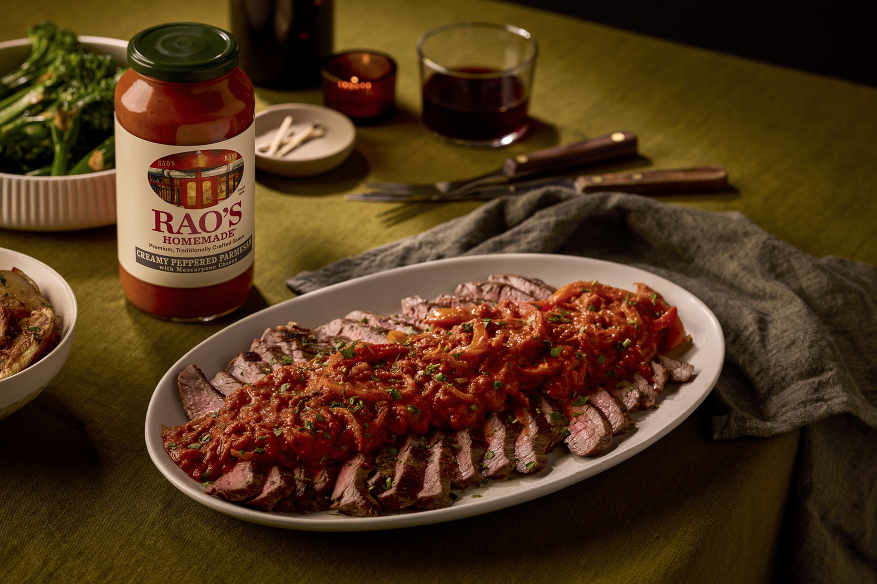 Steak pizzaiola with creamy pepper parmesan sauce