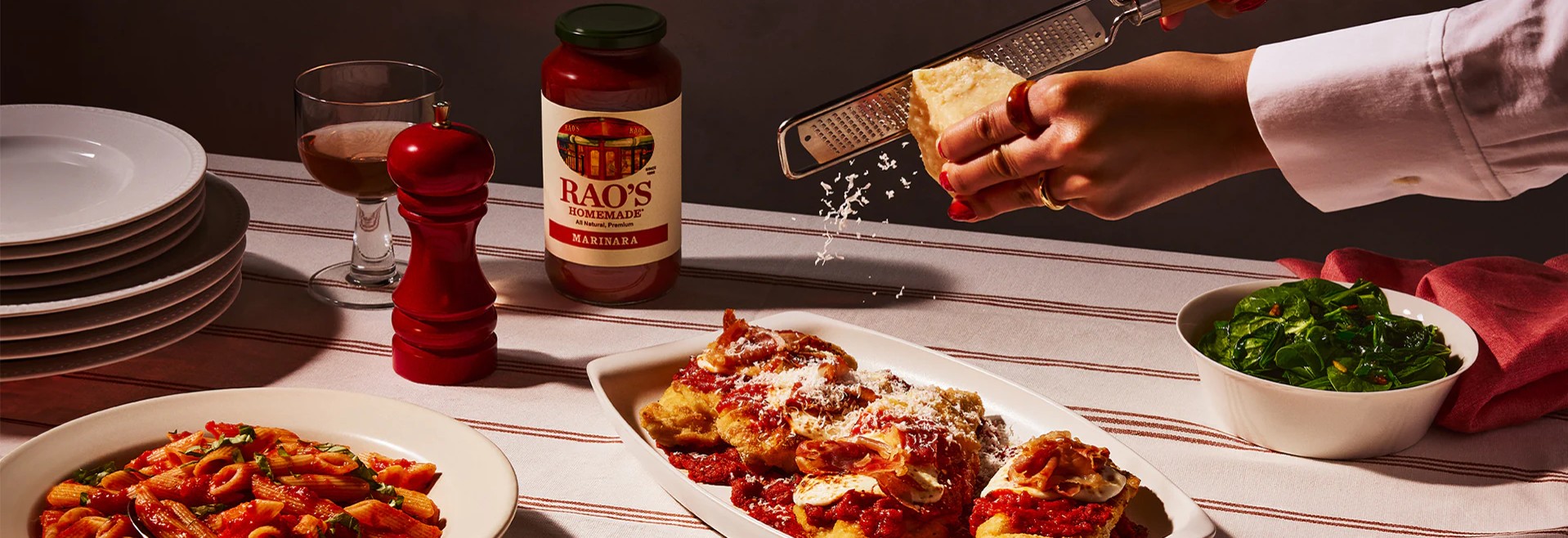 Rao's Marinara sauce displayed alongside an Italian-style meal
