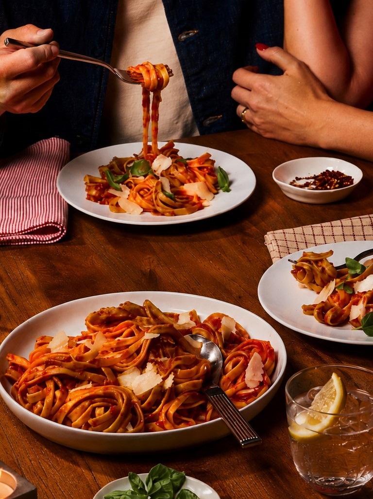 Authentic Italian-style pasta with Rao's® tomato sauce, Parmesan cheese, and fresh basil