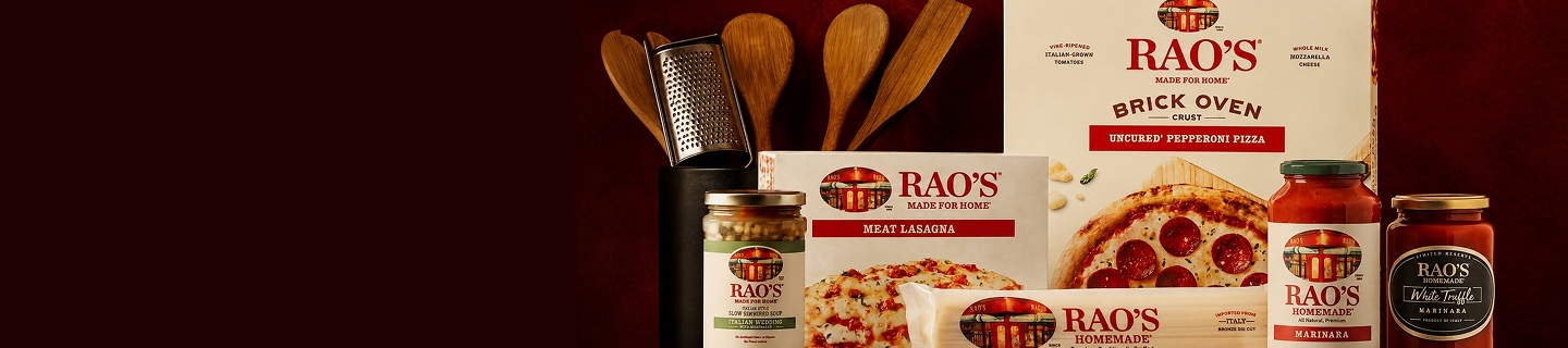 Rao's® product lineup featuring pizza, meat lasagna, premium pasta sauces, and frozen meals