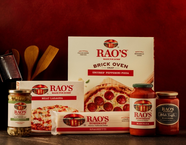 Rao's® product lineup featuring pizza, meat lasagna, premium pasta sauces, and frozen meals